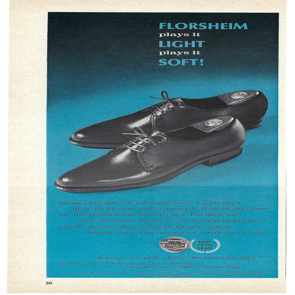 1967 Florsheim Shoes The Chevron Black Walnut Leather Dress Vintage Print Ad